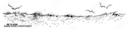 arctic ocean waves with seagulls – monochrome outline vector illustration