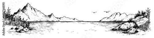 lake and mountains scenery – monochrome outline vector illustration
