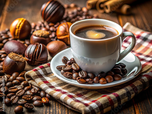 Aromatic coffee with chocolate candies and coffee beans on a wooden table