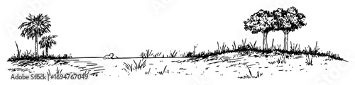 tropical landscape with palm trees – monochrome outline vector illustration