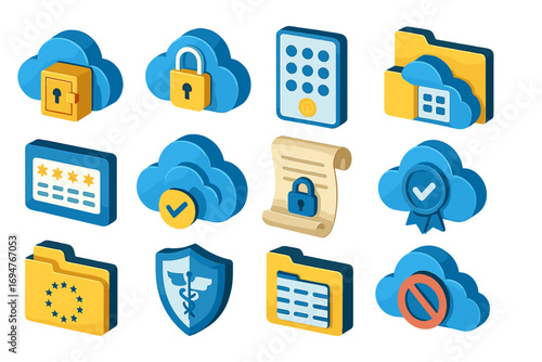 Cloud security 3d icon set. data protection and privacy, cybersecurity symbols collection
