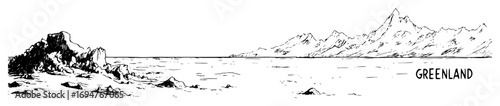 greenland coastline landscape – monochrome outline vector illustration