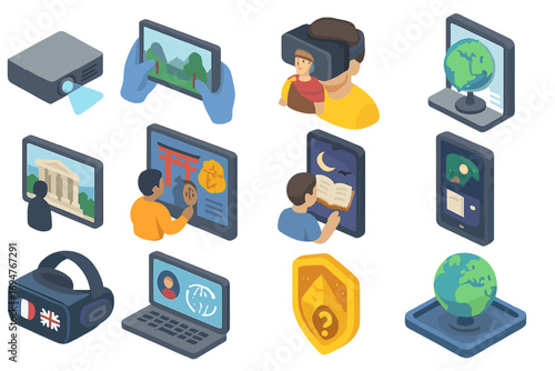Virtual reality, education 3d icon set. learning, technology icons collection