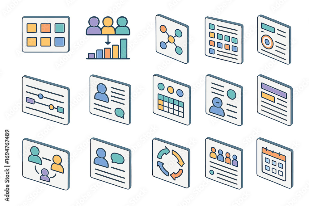 Fototapeta premium Business management 3d icon set. project, analysis, teamwork icons 3d collection