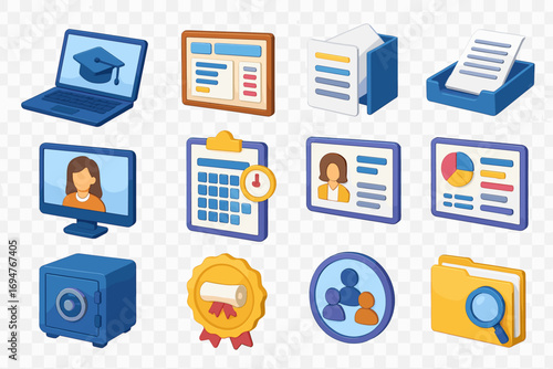 Education and office 3d icon set. laptop, calendar, diploma, file management icons