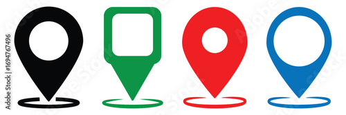 Map pin icon. location pin place marker. Location icon. Map marker pointer icon set. GPS location symbol collection. location icon, map pin icons in outline, black, and red styles. for maps, GPS, eps