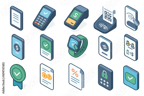 Finance and payment isometric icon set: bills, shopping in 3d style, payment collection