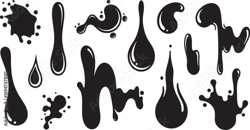 A versatile set of isolated black liquid drips and splatters. This graphic collection illustrates dynamic fluid motion and diverse abstract forms of ink or paint