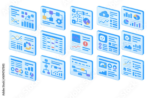 Data analysis 3d icon set. charts, graphs, and reports in a futuristic collection