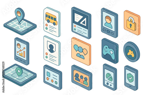 Communication, technology 3d icon set. network, gadgets, social media icons collection