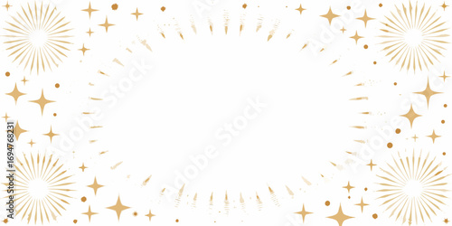 Golden starbursts and sparkling stars create a festive border around a blank white oval space for text