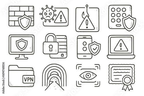 Security, privacy outline icon set. cybersecurity, protection, data safety icons collection