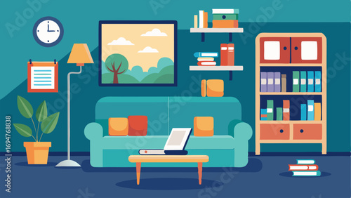 A private counseling room with a comfortable couch a desk and a bookshelf filled with selfhelp books for patients seeking mental health support.