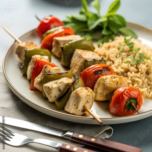 Delicious tofu skewers with grilled vegetables and rice