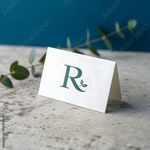 Elegant white place card with green letter r and eucalyptus branch