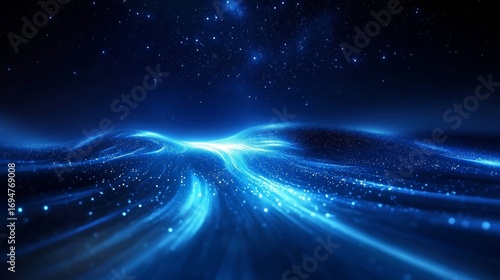 Abstract background illustration of blue technology light trails under the starry sky