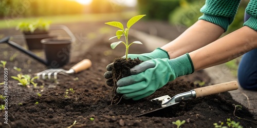 Gardener wearing green gloves planting a small seedling in rich soil