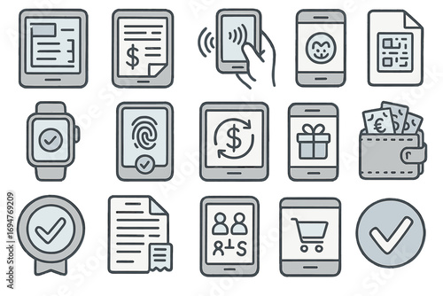 Finance and shopping outline icon set. payment, wallet, receipt, transaction icons