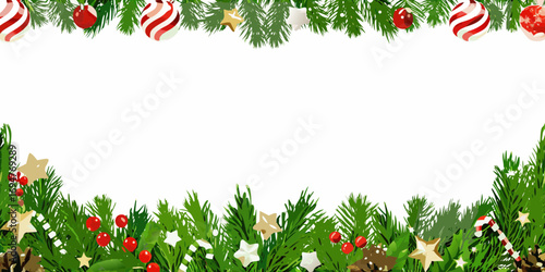 Festive christmas garland border with pine branches ornaments and stars on white background