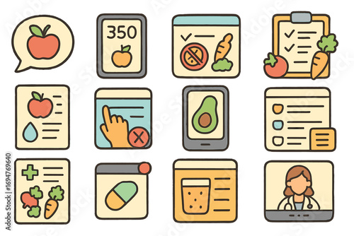 Nutrition and diet flat icon set. healthy eating, food, and wellness icons collection