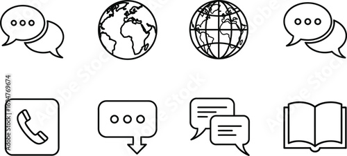 Collection of communication and information icons, including speech bubbles, globes, a phone, and an open book.