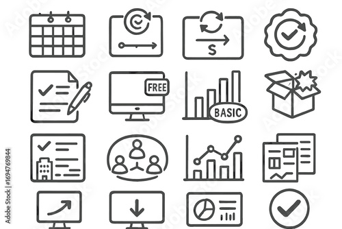 Business, office outline icon set for documents, analytics, and more essentials