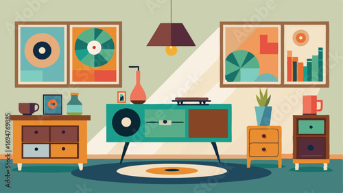 A modern living room with a vintage record player on a sleek media stand surrounded by vintage posters and modern accent pieces.