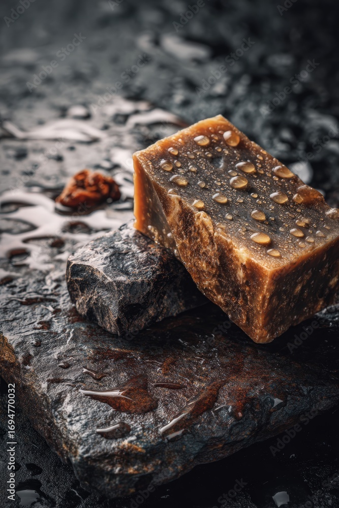 Fototapeta premium Close-up of African Black Soap and Beard Balm on Stone with Water Droplets