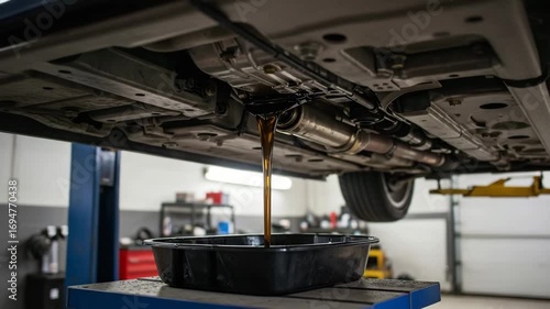 Motor oil draining car underside pan, car maintenance service auto garage, vehicle maintenance schedule oil change, motor oil disposal waste container, automotive service center