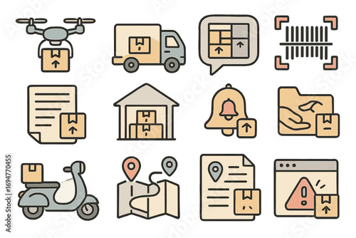 Delivery and logistics filled icon set. shipping, package, transport icons collection