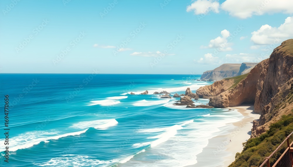 Fototapeta premium Waves crashing on a secluded beach with dramatic cliffs.