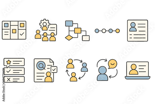 Project management flat icon set. workflow, team collaboration, and planning icons