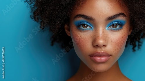 Woman with vibrant blue makeup, studio portrait against blue backdrop