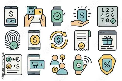 Finance and payments icon set. hand-drawn, digital transaction icons flat style
