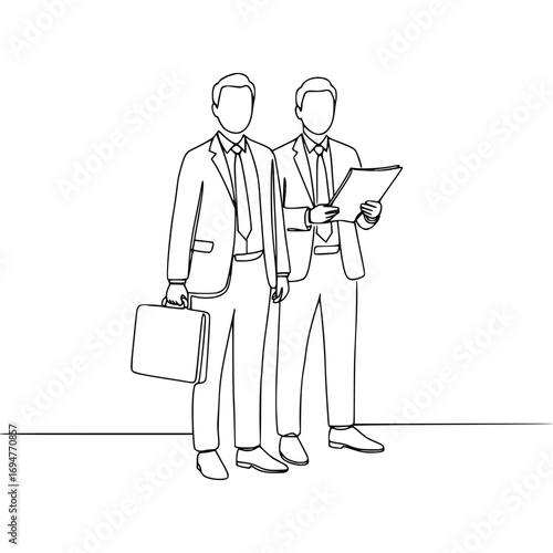 Two businessmen standing together in line art style on a transparent background, concept of partnership, cooperation, negotiations, isolated vector image   