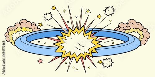 A blue, circular ring appears to split open with an energetic burst at its center. Colorful stars and clouds surround the scene, enhancing the dynamic and playful nature of the explosion. AI