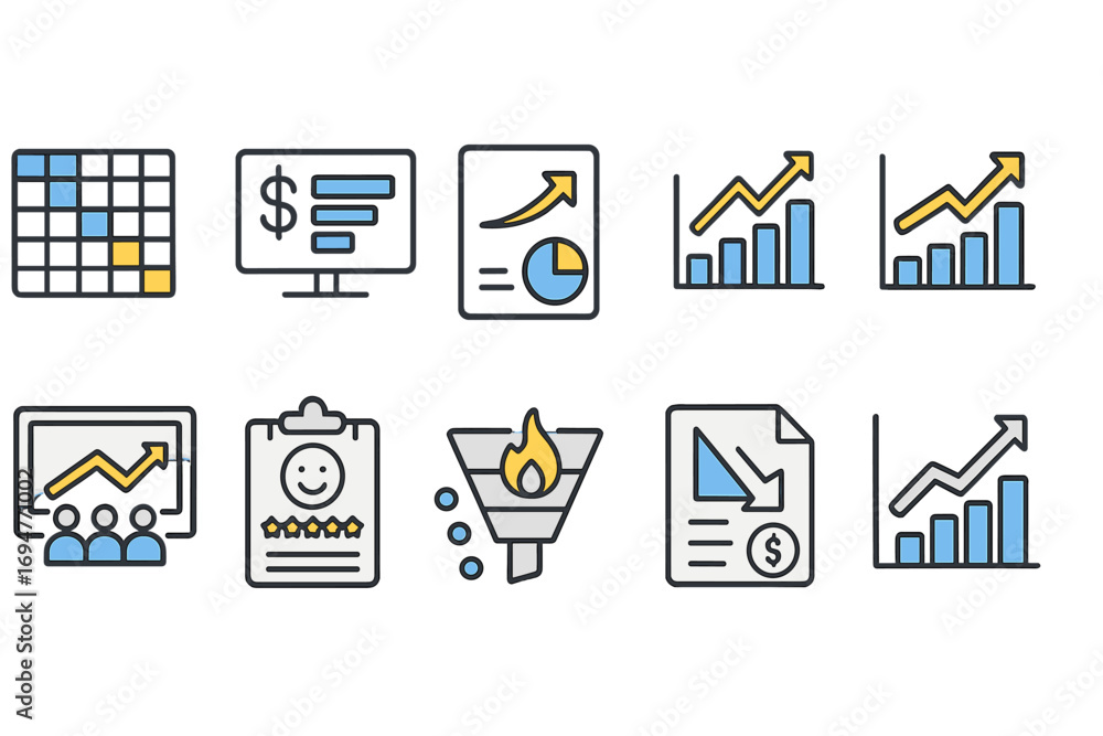 Obraz premium Business and analytics outline icon set. data, growth, finance tools for professionals
