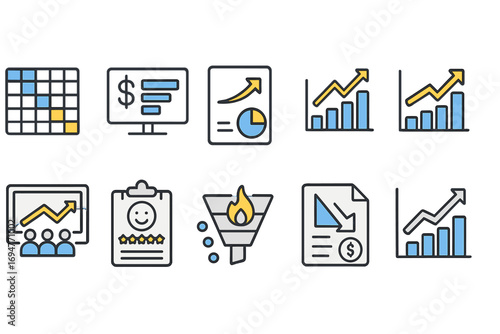 Business and analytics outline icon set. data, growth, finance tools for professionals