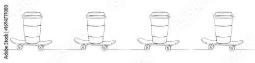 Isolated vector image in line art style on a transparent background, seamless border made of repeating elements in the form of disposable coffee cups on skateboards, creative coffee delivery 