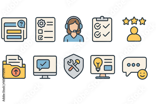 Support and communication icon set. customer service, chat in flat style collection