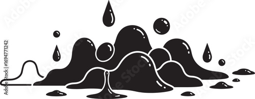 Dynamic black and white vector illustration of a bubbling oil spill, depicting a viscous liquid pooling and splashing with glossy highlights