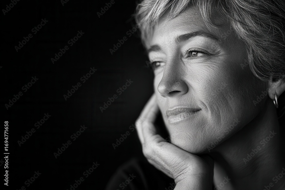 Fototapeta premium A contemplative woman gazes thoughtfully, showcasing her emotions in a black and white portrait. The image captures a moment of reflection and serenity.