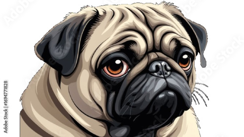 Close up portrait of a grumpy Pug who has a very sad look on his face. Photographed against a dark background. Colour, horizontal with some copy space. white Background .vector
