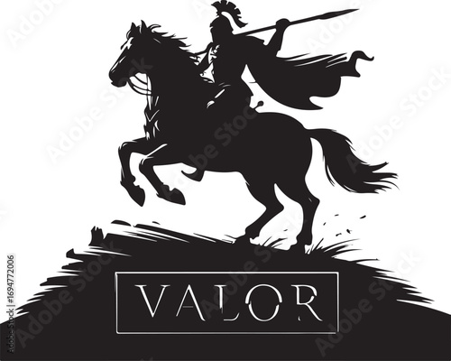 Black silhouette of warrior on horseback holding spear with word Valor vector