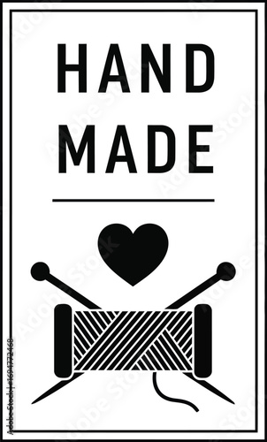 Simple black and white graphic representing handmade craft with heart and knitting needles