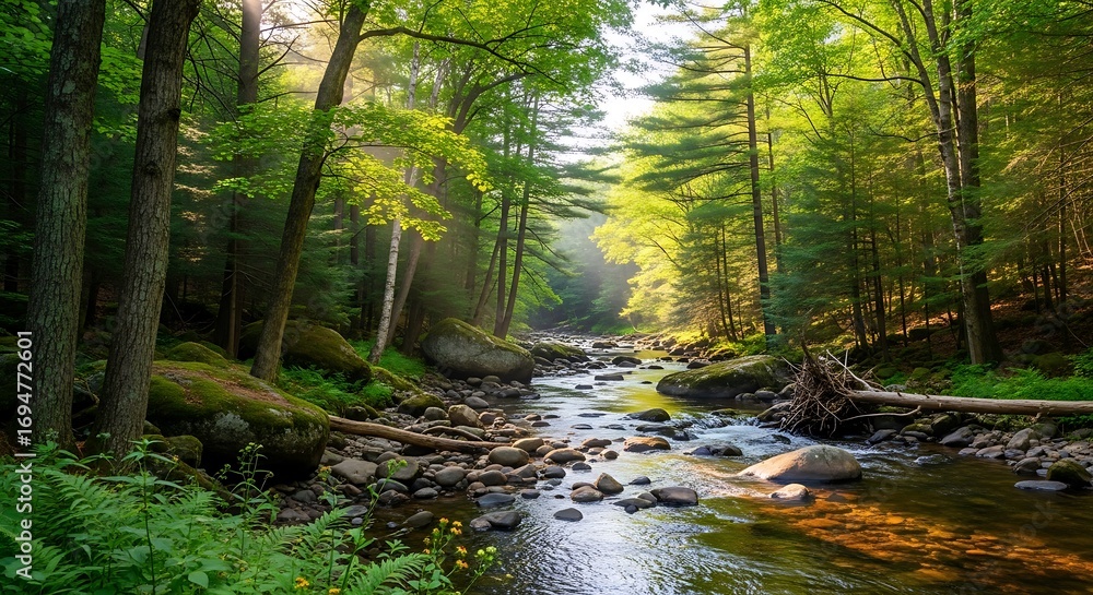 Fototapeta premium Sunlit Forest Stream with Calm Nature.