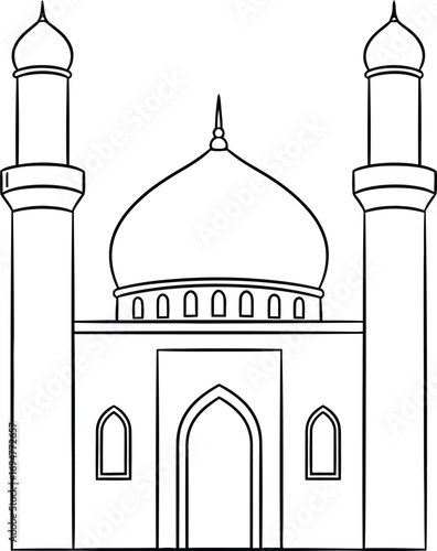 Simple line drawing of a mosque with dome and minarets, symbolizing faith and architecture