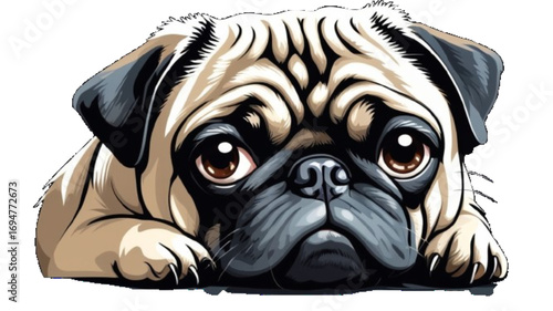 Close up portrait of a grumpy Pug who has a very sad look on his face. Photographed against a dark background. Colour, horizontal with some copy space. white Background .vector
