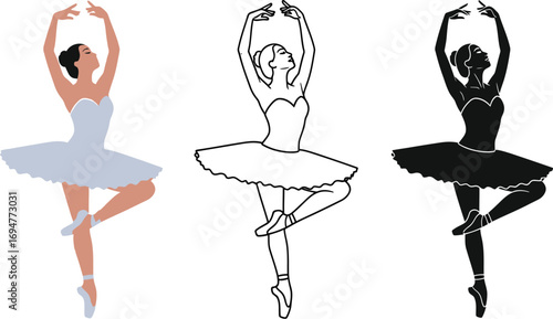 Graceful ballerina in elegant pose, depicted in color, outline, and silhouette