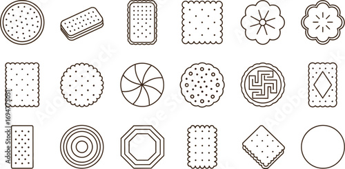 Collection of diverse cookie and cracker outlines in simple line art style